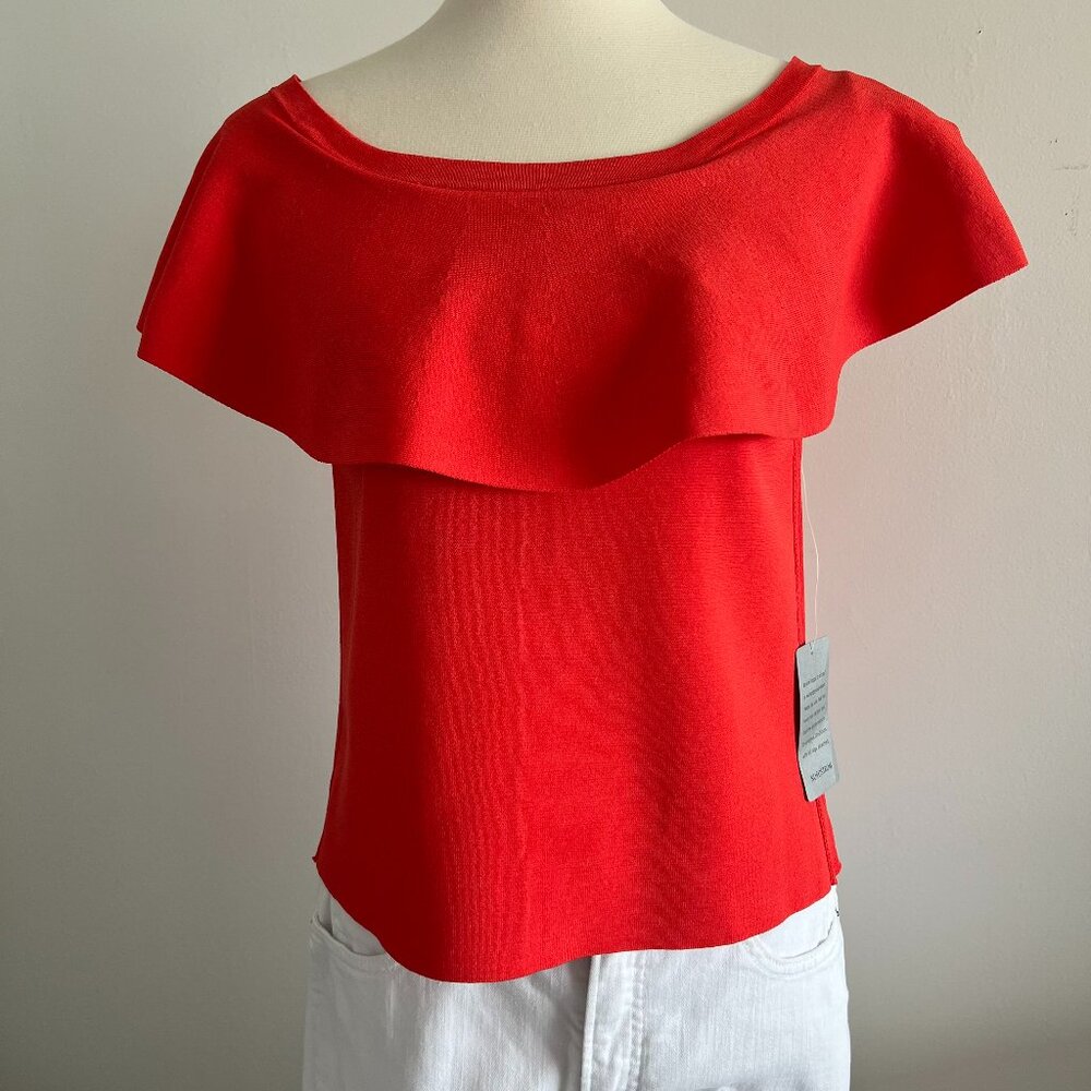 Eliza J, Orange top with ruffle neckline.  Size L